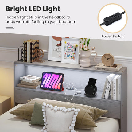 Dreamade Twin Bed Frames with Storage Headboard, Wood Platform Bed with Charging Station & LED Light