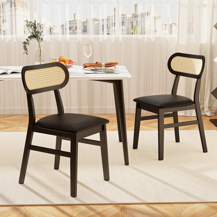 Dreamade Wooden Dining Chairs Set of 2/4, PU Leather Upholstered Kitchen Chairs w/Breathable Mesh Cane Backrest