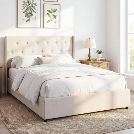 Dreamade Modern Linen Upholstered Platform w/Button Tufted Wingback Headboard & Hydraulic Support