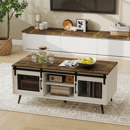 Dreamade 48" Farmhouse Coffee Table with Sliding Doors & Adjustable Shelf