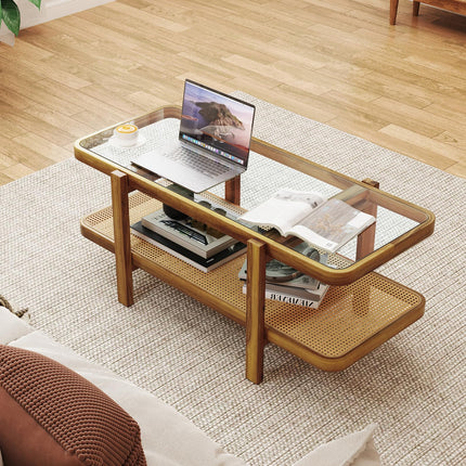 Dreamade Rattan Coffee Table, 47.5" Rectangle Solid Wood Tea Table w/Tempered Glass Tabletop