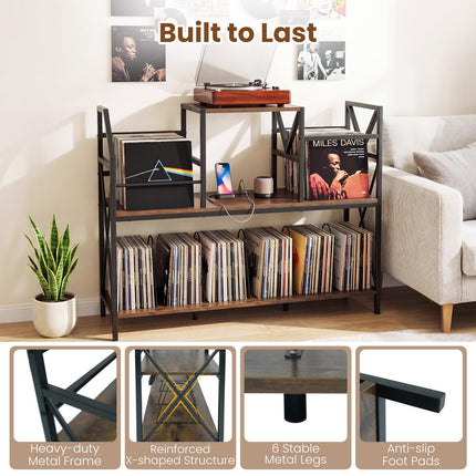 Dreamade Large Record Player Stand with Charging Station & Dividers for Albums