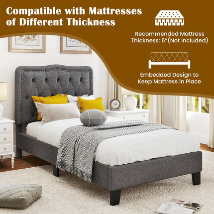 Dreamade Twin Size Bed Frame, Modern Linen Upholstered Platform Bed w/ 46" Tall Button Tufted Headboard