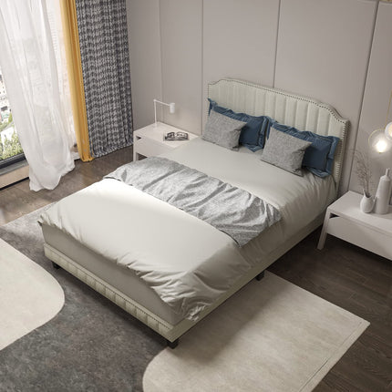 Dreamade Queen/Full/Twin Size Upholstered Bed Frame, Linen Platform Bed w/Rivet Headboard, Heavy Duty Mattress Foundation