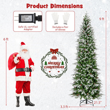 Dreamade 9 FT Pre-Lit Pencil Christmas Tree, Artificial Snow Flocked Hinged Fake Slim Xmas Tree with 470 Warm-White LED Lights