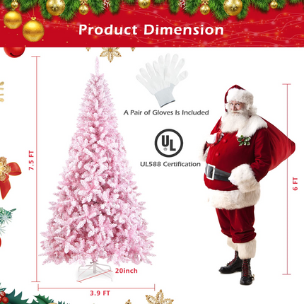 Dreamade 7.5ft Pink Pre-Lit Christmas Tree, Hinged Artificial Snow Flocked Xmas Tree with 1100 PVC Branch Tips, 450 LED Lights - DreamadeUS