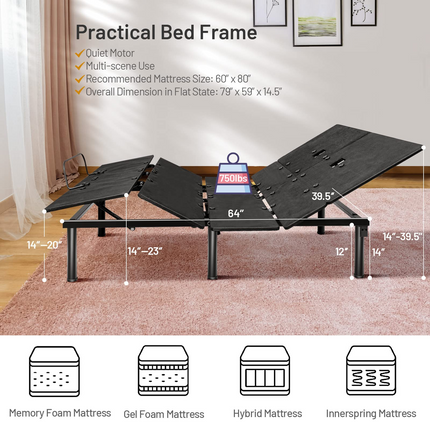 Dreamade Adjustable Bed Base w/ Wireless Remote Control, Electric Bed Frame