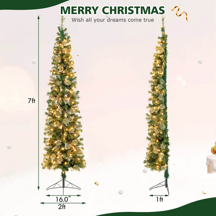 Dreamade 7ft Pre-Lit Half-Shape Christmas Tree, Artificial Xmas Tree W/ 403 Branch Tips - DreamadeUS