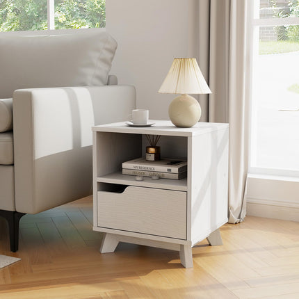 Dreamade 2 Tier Nightstand, Mid Century Modern Bedside Table with Storage Drawer & Open Shelf