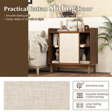Dreamade Sideboard Cabinet, Farmhouse Buffet Storage Cabinet with Sliding Rattan Door, 2 Adjustable Shelves