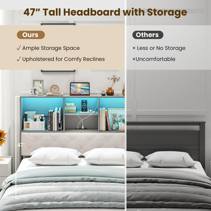 Dreamade Gray Full Size Bed Frame with Upholstered Bookcase Headboard