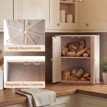 Dreamade Corner Bread Box for Kitchen Countertop | Bamboo Wood Storage Bin with 2-Tier Pantry Shelves