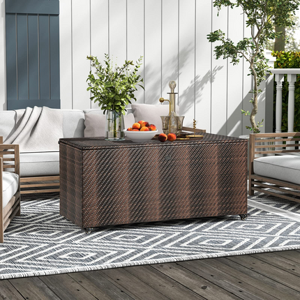 Dreamade 96-Gallon Outdoor Storage Box - PE Wicker Deck Box with Lid, Outside Rattan Storage
