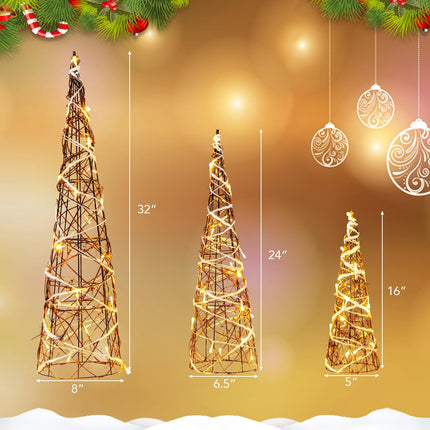 Dreamade Set of 3 Large Christmas Cone Trees, 32” 24” 16” Indoor Christmas Trees w/Warm White LED Lights