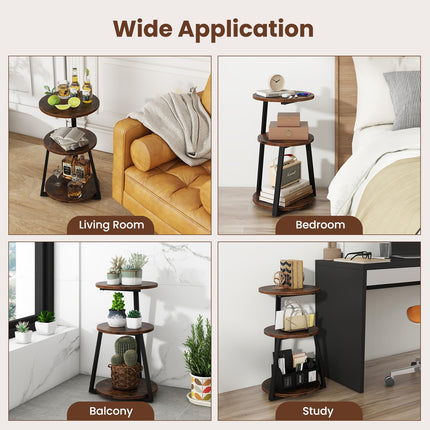 Dreamade Round End Table, Industrial Side Table with Sturdy Metal Frame, Coffee Table, 3-Tier Bedside Table for Bedroom, Living Room