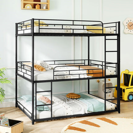 Dreamade Metal Full Over Full Over Full Bunkbeds with Safety Guardrails & 2 Ladders