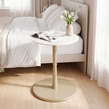 Dreamade Round Marble Side Table w/Stone Finish & Wooden Pedestal (1/2)