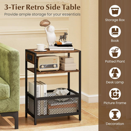 Dreamade 3-Tier End Table w/Metal Mesh Compartment & 2 AC Outlets (1/2)