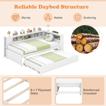 Dreamade Twin Daybed with Trundle, Wood Twin Bed Frames with Storage Headboard, Reversible Bookcase