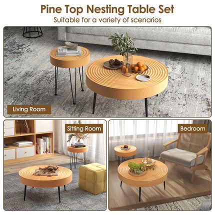 Dreamade Round Coffee Table Set of 2 - Sofa Side Nesting Table w/Solid Pine Wood Top