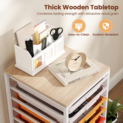 Dreamade 10-Drawer Rolling Storage Cart Mobile Utility Organizer with Wooden Tabletop and Lockable Wheels