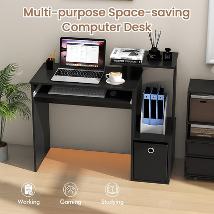 Dreamade Computer Desk with Keyboard Tray, Compact Home Office Desk with Fabric Drawer & Storage Shelf