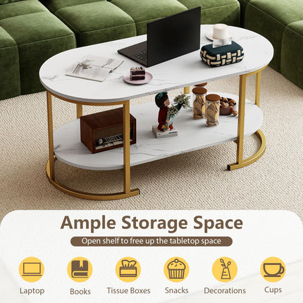 Dreamade 2-Tier Coffee Table Oval Center Table with Wood Grain Top & Open Storage Shelf