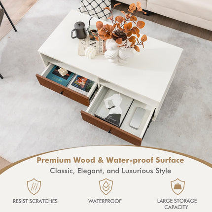 Dreamade Rectangular Coffee Table with Storage, 2 Tier Wood Tea Table with 2 Drawers