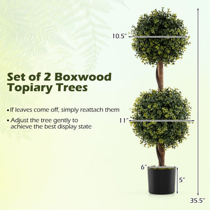 Dreamade 3 FT Artificial Boxwood Topiary Trees Set of 2 Faux Outdoor Topiary Ball Tree with Cement-Filled Pot