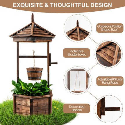 Dreamade Rustic Wooden Wishing Well Planter with Hanging Bucket, Roof Shadow