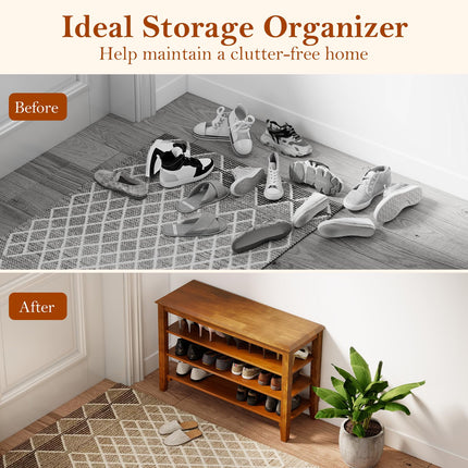 Dreamade 4-Tier Rubber Wood Shoe Rack Bench with Adjustable Shelves