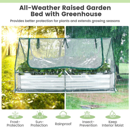 Dreamade Galvanized Steel Raised Garden Bed with Mini Greenhouse, Outdoor Metal Planter Box Kit with Large Roll-up PVC Cover