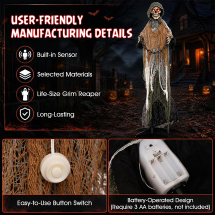 DREAMADE 5.7 ft Halloween Life-Size Animated Grim Reaper with Iron Chain