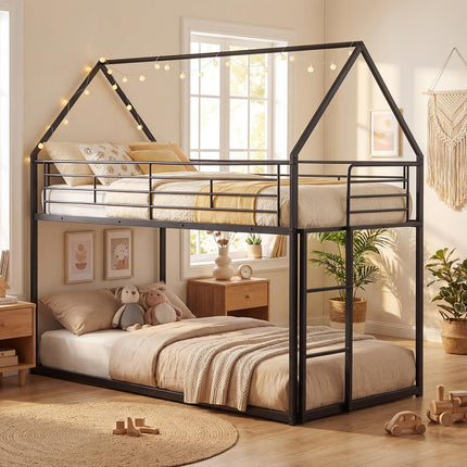Dreamade House-Shaped Twin Over Twin Metal Bunk Bed