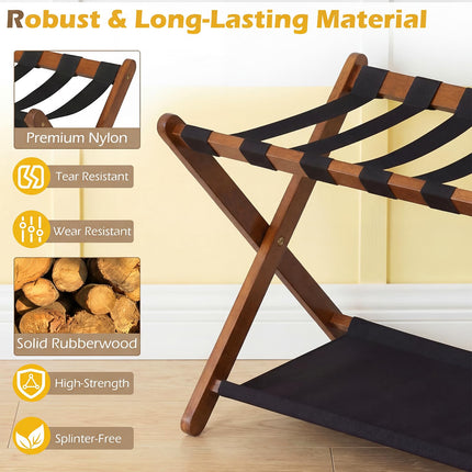 Dreamade Folding Luggage Rack | Solid Rubber Wood Suitcase Stand with Storage Shelves