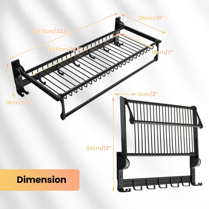 Dreamade Foldable Towel Rack for Bathroom, Wall Mounted Towel Holder Organizer w/ 1 Basket, 1 Towel Bar & 5 Sliding Hooks