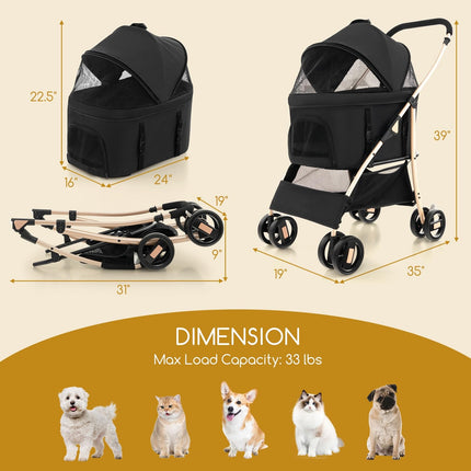 Dreamade Pet Stroller 3-in-1, Folding Dog Stroller Detachable Carrier Car Seat (Black & Gold)