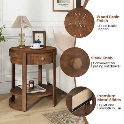 Dreamade Round Side Tables Set of 1/2 | 2-Tier Retro End Tables with Drawer & Shelf