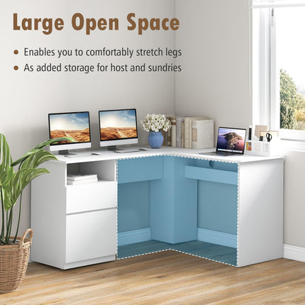 Dreamade L Shaped Computer Desk with Drawers, 59" Corner Desk Workstation with Storage Shelf & Cable Holes