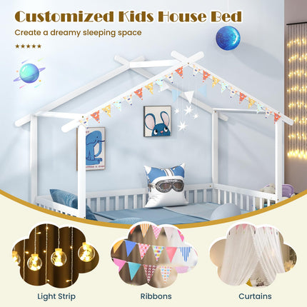 Dreamade Extendable House Bed for Kids, Twin to King Daybed with Roof & Fence Rails, Wood Kids Bed Frame for Teens