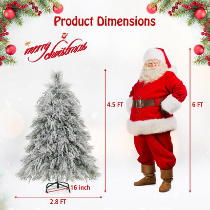 Dreamade 4.5ft Pre-Lit Snow Flocked Christmas Tree, Artificial Hinged Full Xmas Tree with 279 PVC & Pine Needles