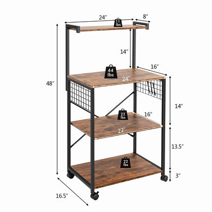 Dreamade Kitchen Baker Rack on Wheels, Industrial Utility Storage Shelf, with 3 Hooks (Rustic Brown)
