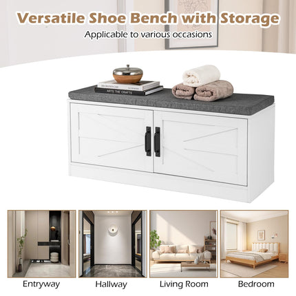 Dreamade Shoe Storage Bench with Cushion, 2-Tier Entryway Bench w/2 Barn Doors & 2 Adjustable Shelves