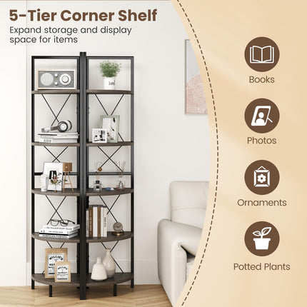 Dreamade 5-Tier Corner Shelf, 63" Tall Corner Bookshelf, Freestanding Storage Rack w/Metal Frame