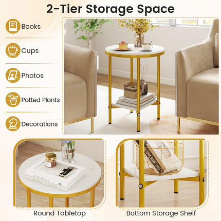 Dreamade Round Side Table 2-Tier Faux Marble Sofa Side Coffee Table w/Gold Frame & Open Shelf