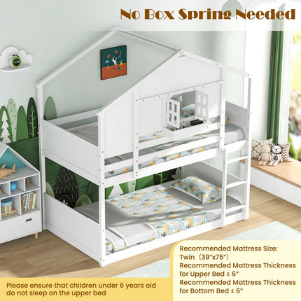 Dreamade Bunk Bed Twin Over Twin, Wood House Bed for Kids with Roof, Window Door, White