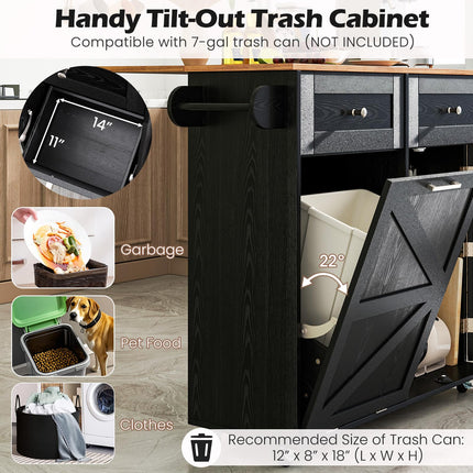 Dreamade Kitchen Island Cart with Hidden Tilt Out Trash Can Cabinet, Drop Leaf, 2 Drawers, Towel Rack