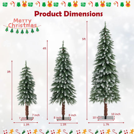 Dreamade 3' 4' 5' Pre-Lit Artificial Christmas Tree Set, Slim Pencil Xmas Trees with Snowy Leaves