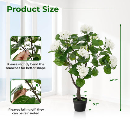 Dreamade Artificial Hydrangea Tree, 2 Pack Fake Floral Plant w/11 White Flowers & Realistic Trunk in Plastic Nursery Pot