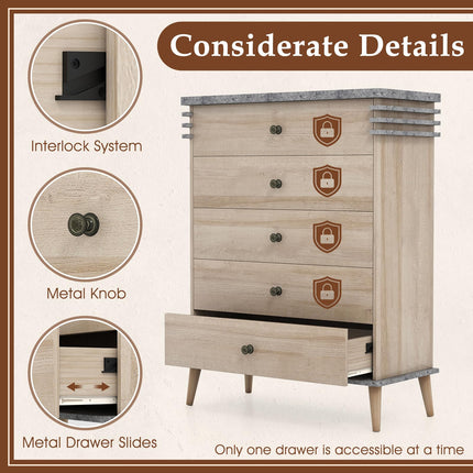Dreamade 5-Drawer Storage Cabinet with Rubber Wood Legs